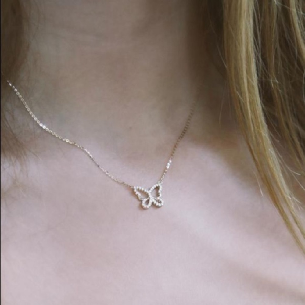14K Yellow Gold Butterfly CZ Necklace 18 inches